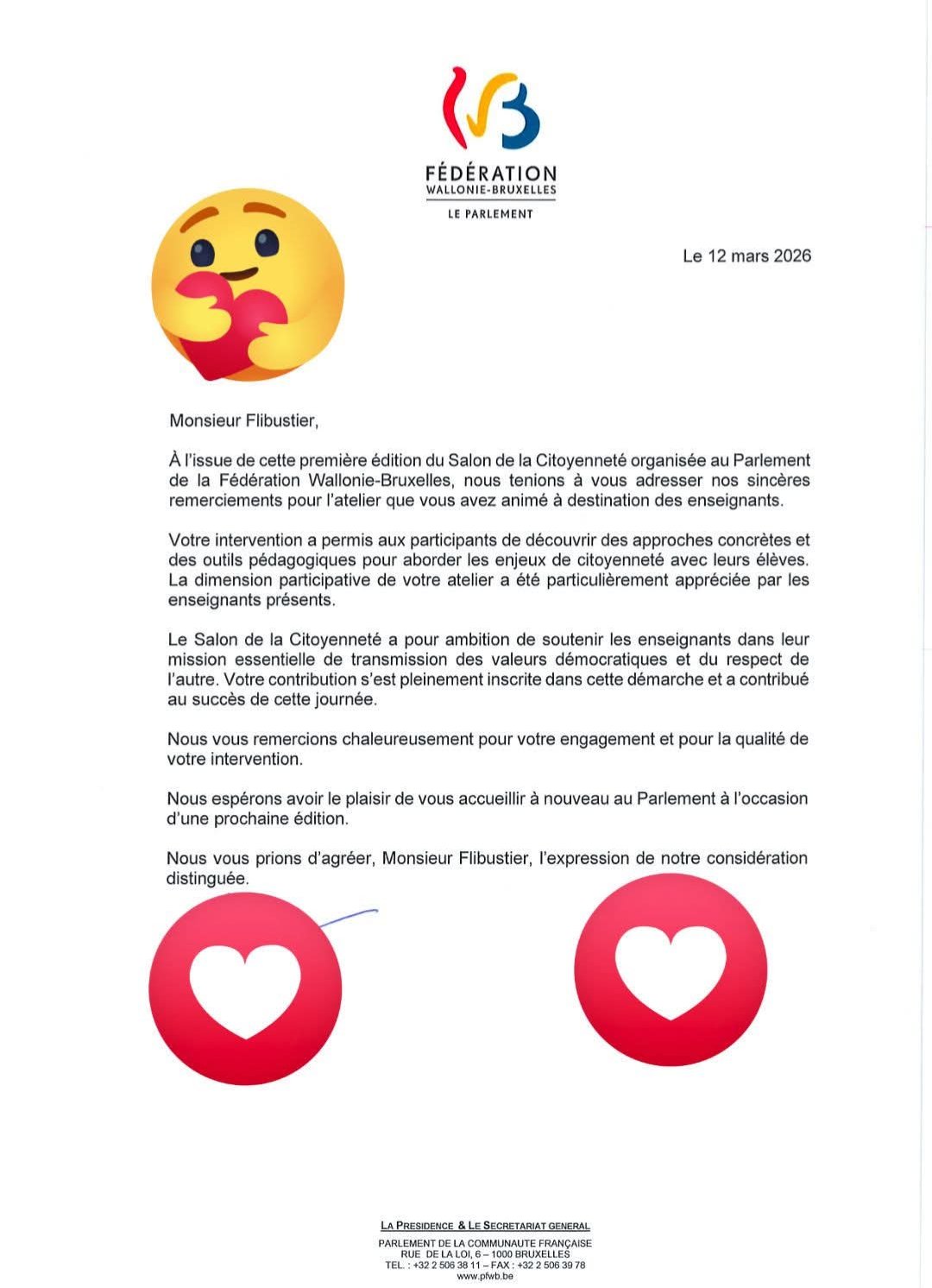Lettre de remerciement du Parlement de la Fédération Wallonie-Bruxelles adressée à Vincent Flibustier, datée du 12 mars 2026, pour un atelier de formation animé à destination des enseignants au Salon de la Citoyenneté.