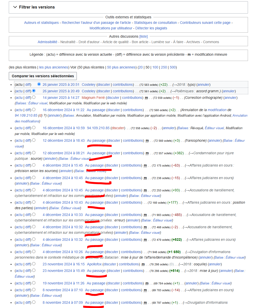 Capture de l'historique des modifications d'une page Wikipédia, identifiants masqués.
