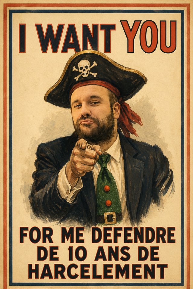 Affiche dans le style « I want you » : Vincent Flibustier en flibustier, le doigt pointé, avec le texte « I want you for me défendre de 10 ans de harcèlement ».