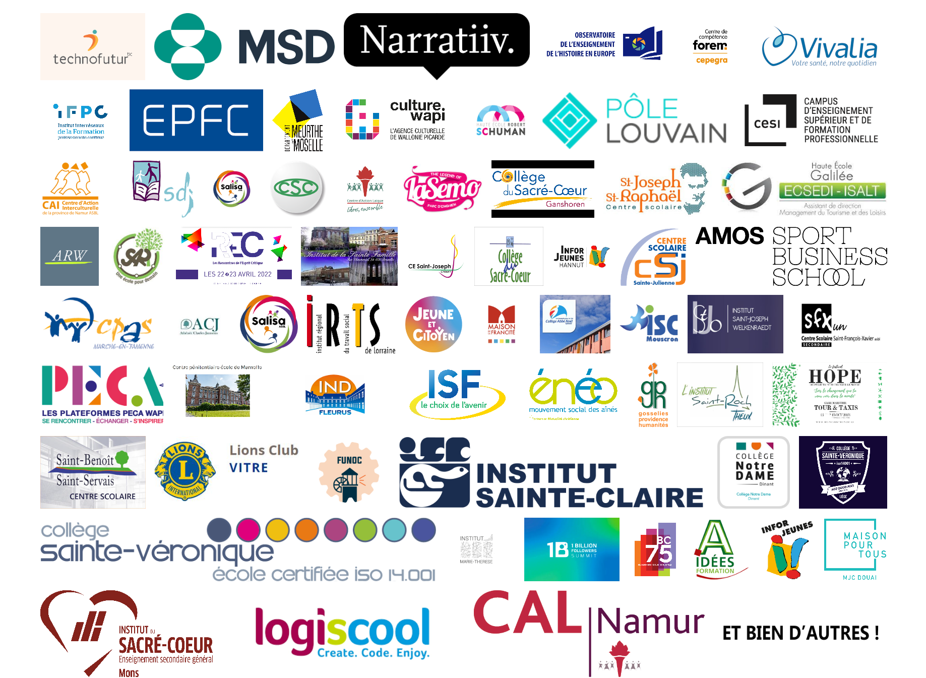 Logos d'une partie des écoles, hautes écoles, administrations, entreprises et institutions qui ont fait appel à Vincent Flibustier ces dernières années : Technofutur TIC, le Forem, MSD, Vivalia, l'EPFC, l'IFPC, le CESI, la Haute École Galilée, le Centre d'Action Laïque, la CSC, et de nombreuses écoles secondaires et hautes écoles.